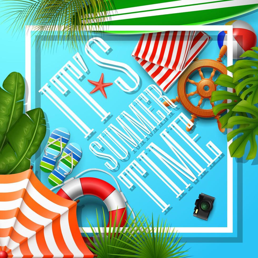 es verano banner y hojas tropicales con marco sobre fondo azul vector