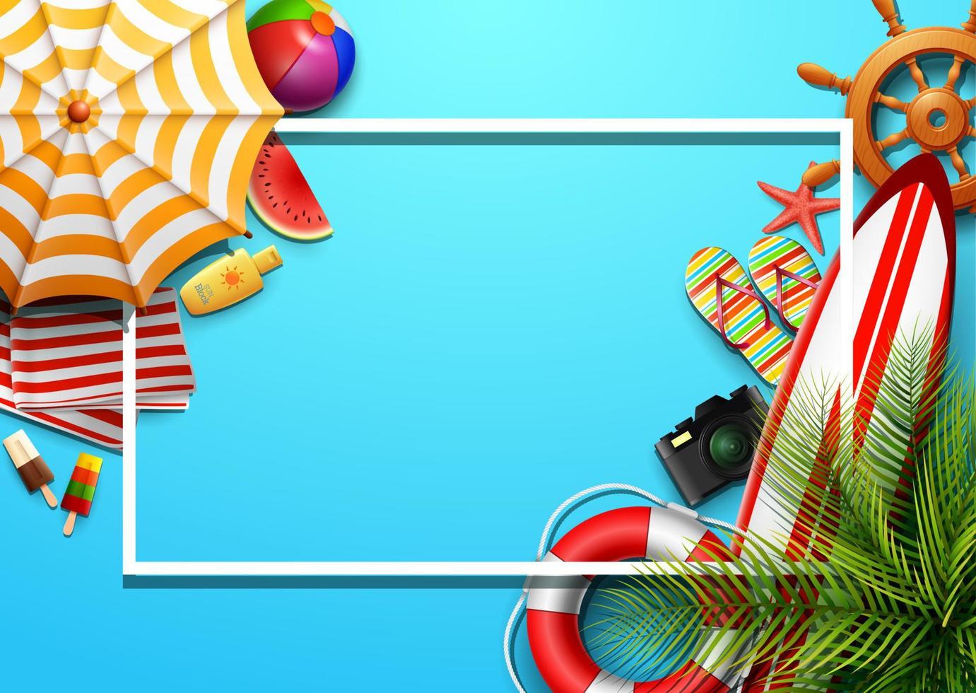 Summer holidays blank background in the blue beach sand. Top view of beach element collections vector