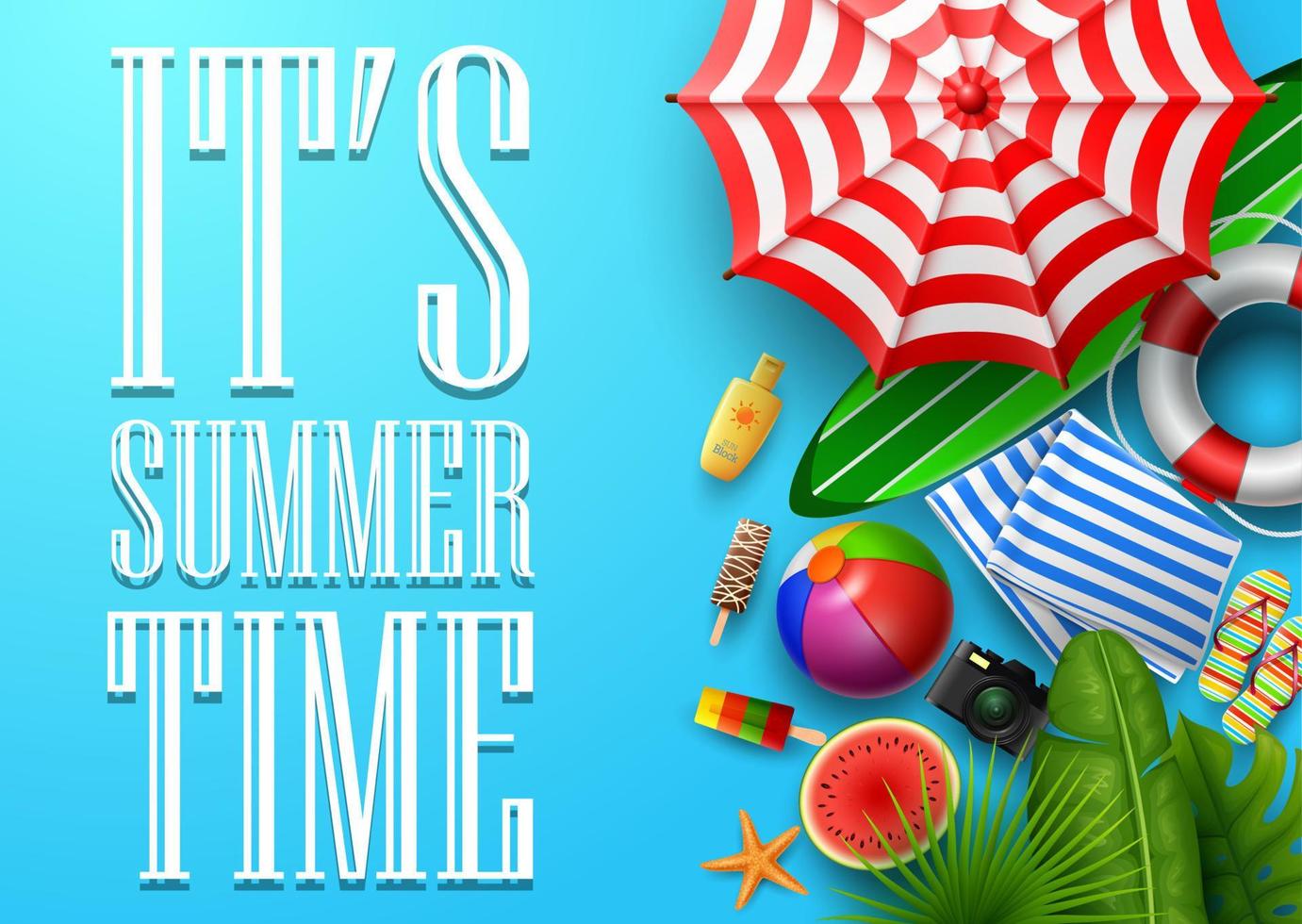 It's summer time banner with tropical leaves, camera, umbrella, surfboard, and lifebuoy on blue background vector