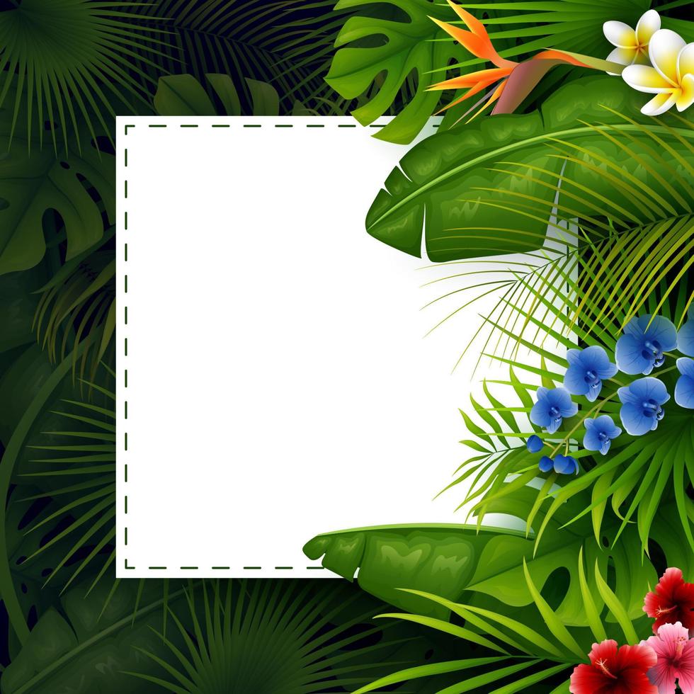 Green summer with tropical leaves and flowers vector