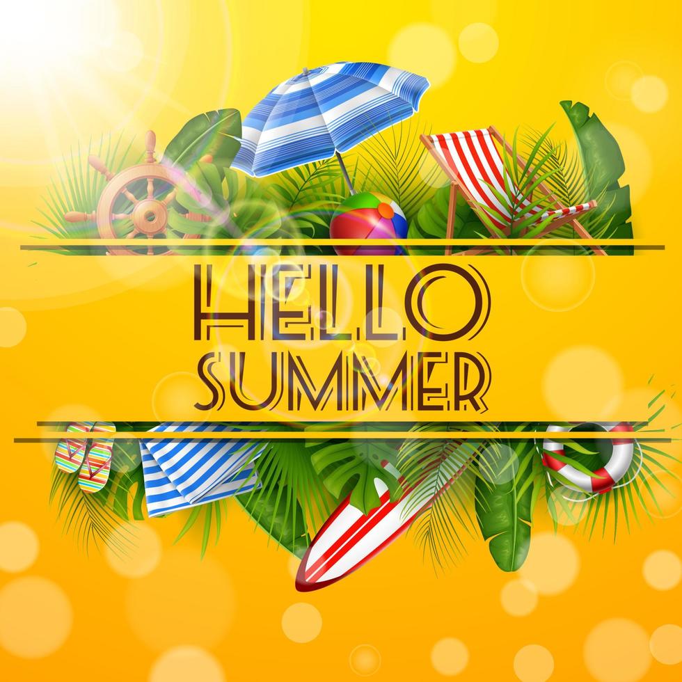 Hello Summer with leaves tropical in hole. banner, poster Summer background vector