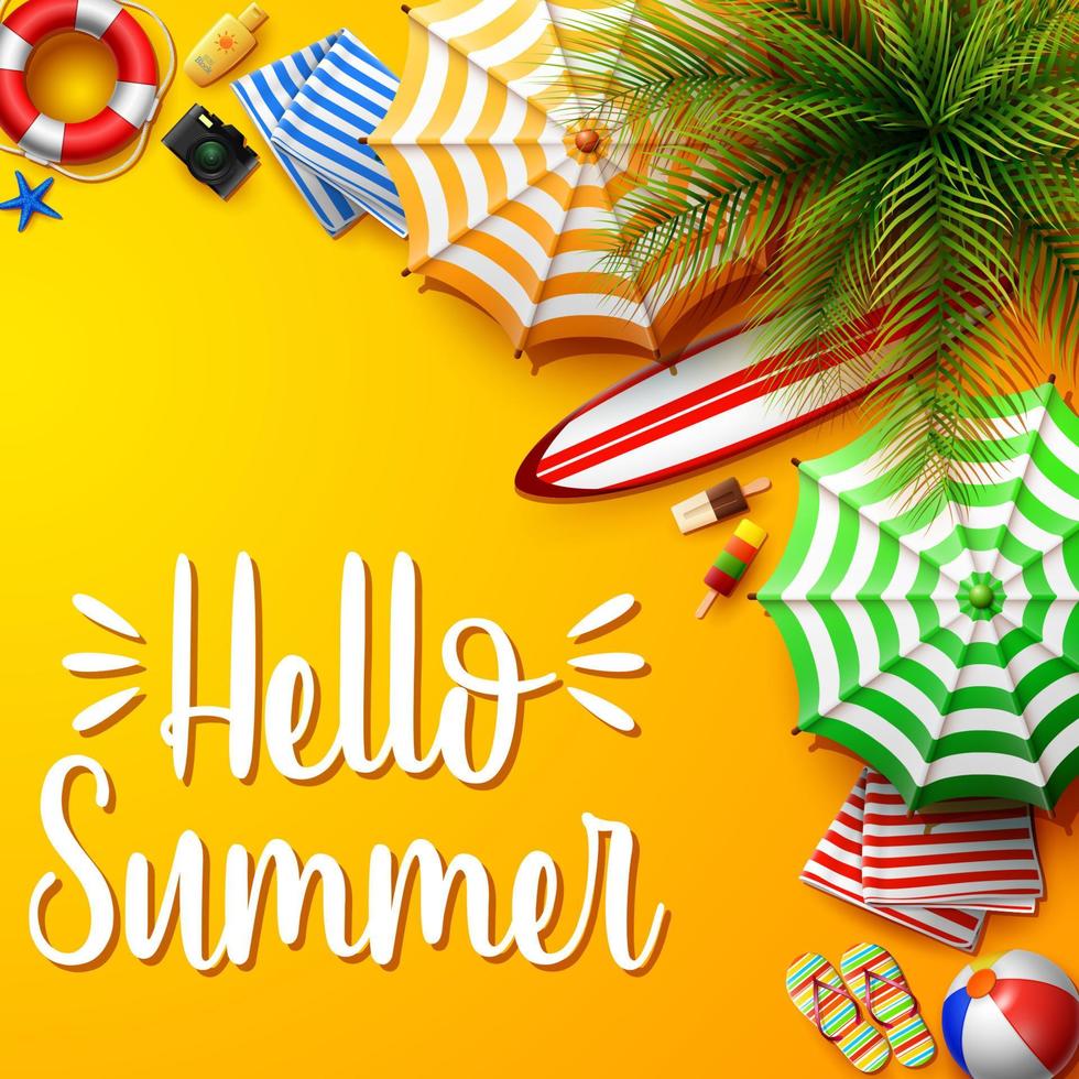 Hello summer time holiday banner. Top view of tropical leaves and beach element collections on sand background vector