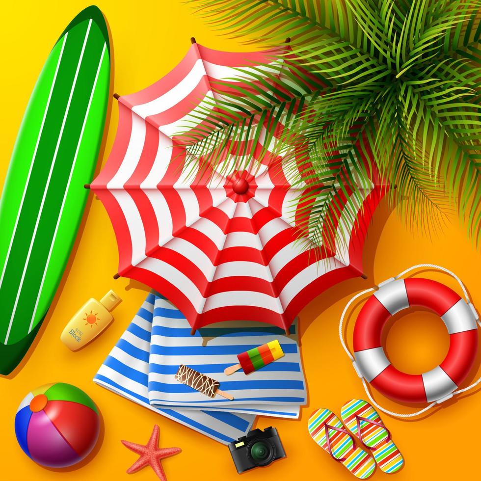 Summer holidays background in the yellow beach sand. Top view of beach element collections vector