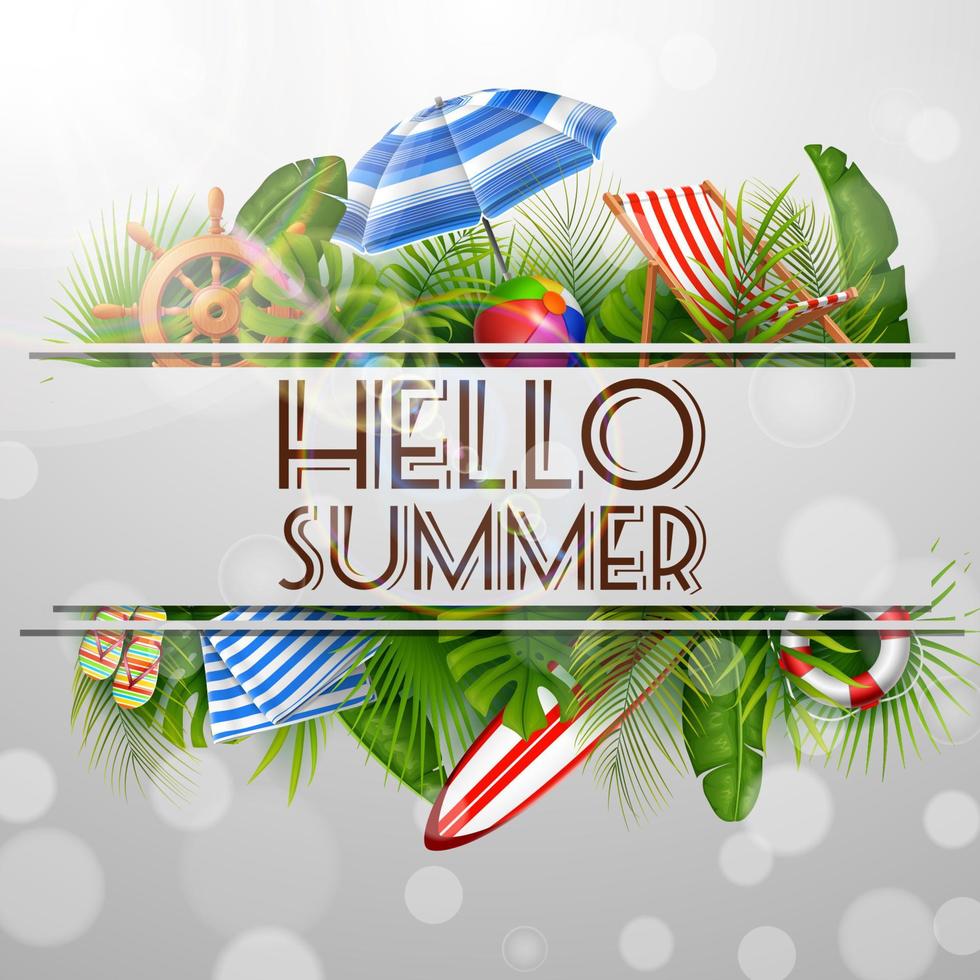 Hello Summer with leaves tropical in hole. banner, poster Summer background vector