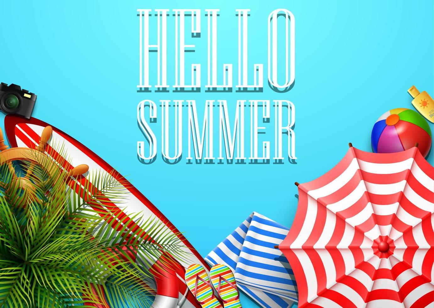 Hello summer time holiday banner. Top view of tropical leaves and beach element collections on blue background vector