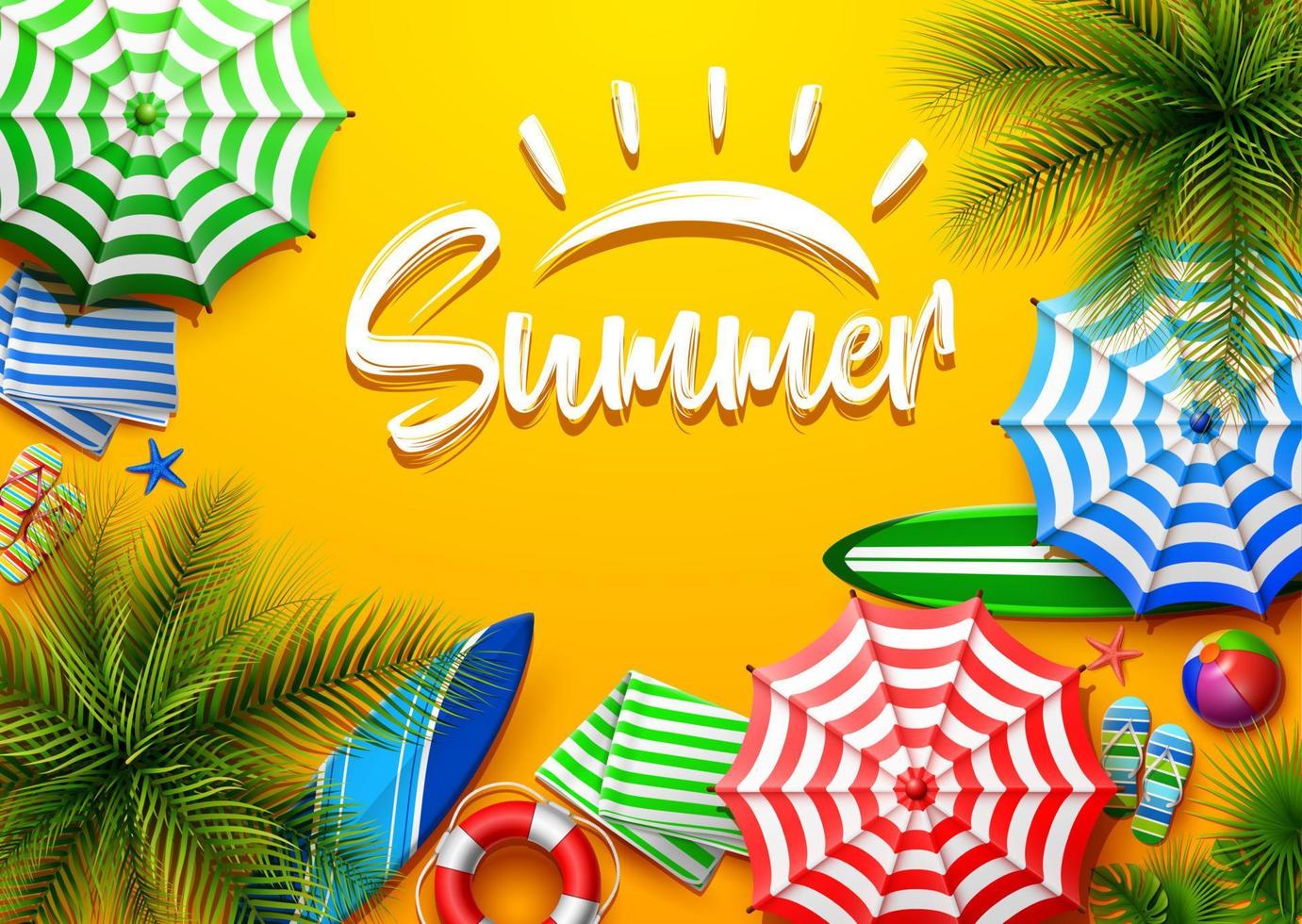 Hello summer time holiday banner. Top view of tropical leaves and beach element collections on sand background vector