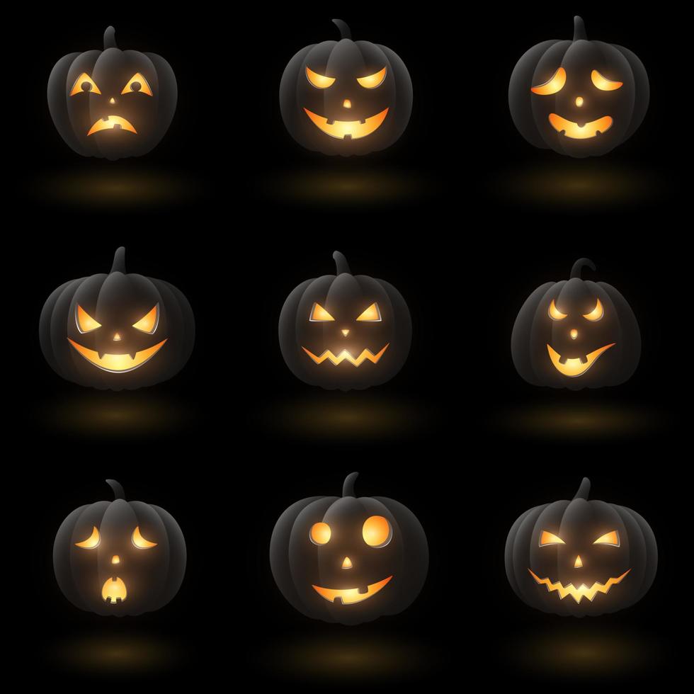 conjunto de calabazas de halloween con caras diferentes vector