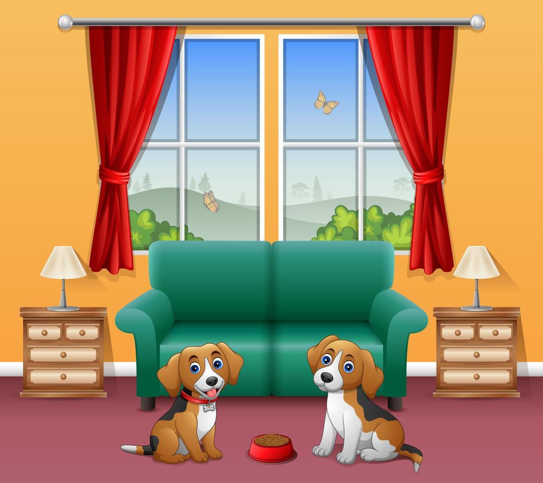 Cute two dogs sitting in the living room vector