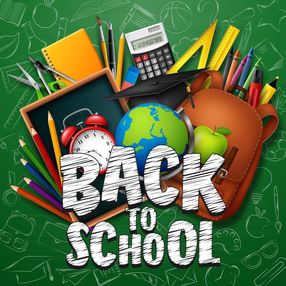 Back to School with school supplies on chalkboard background vector