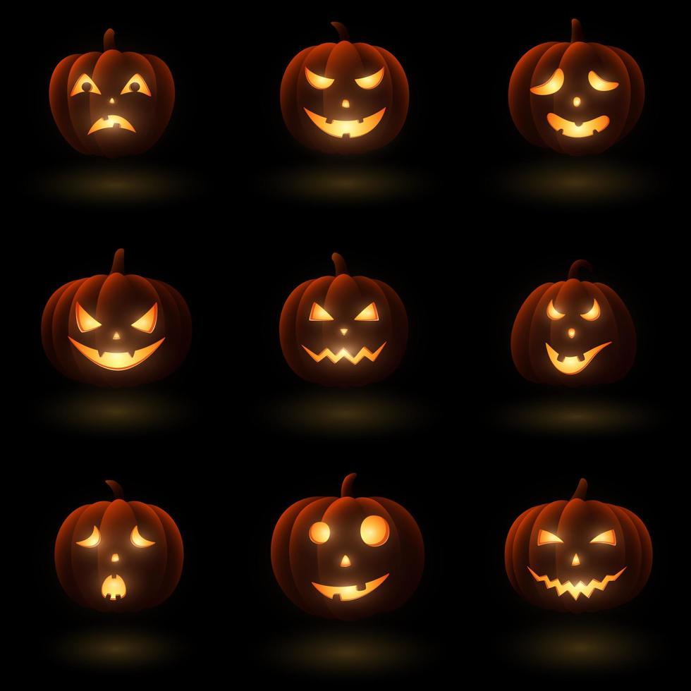 conjunto de calabazas de halloween con caras diferentes vector