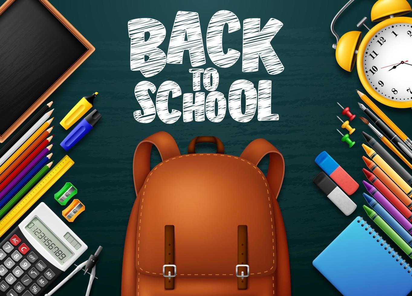 Back to School with school supplies on chalkboard background vector