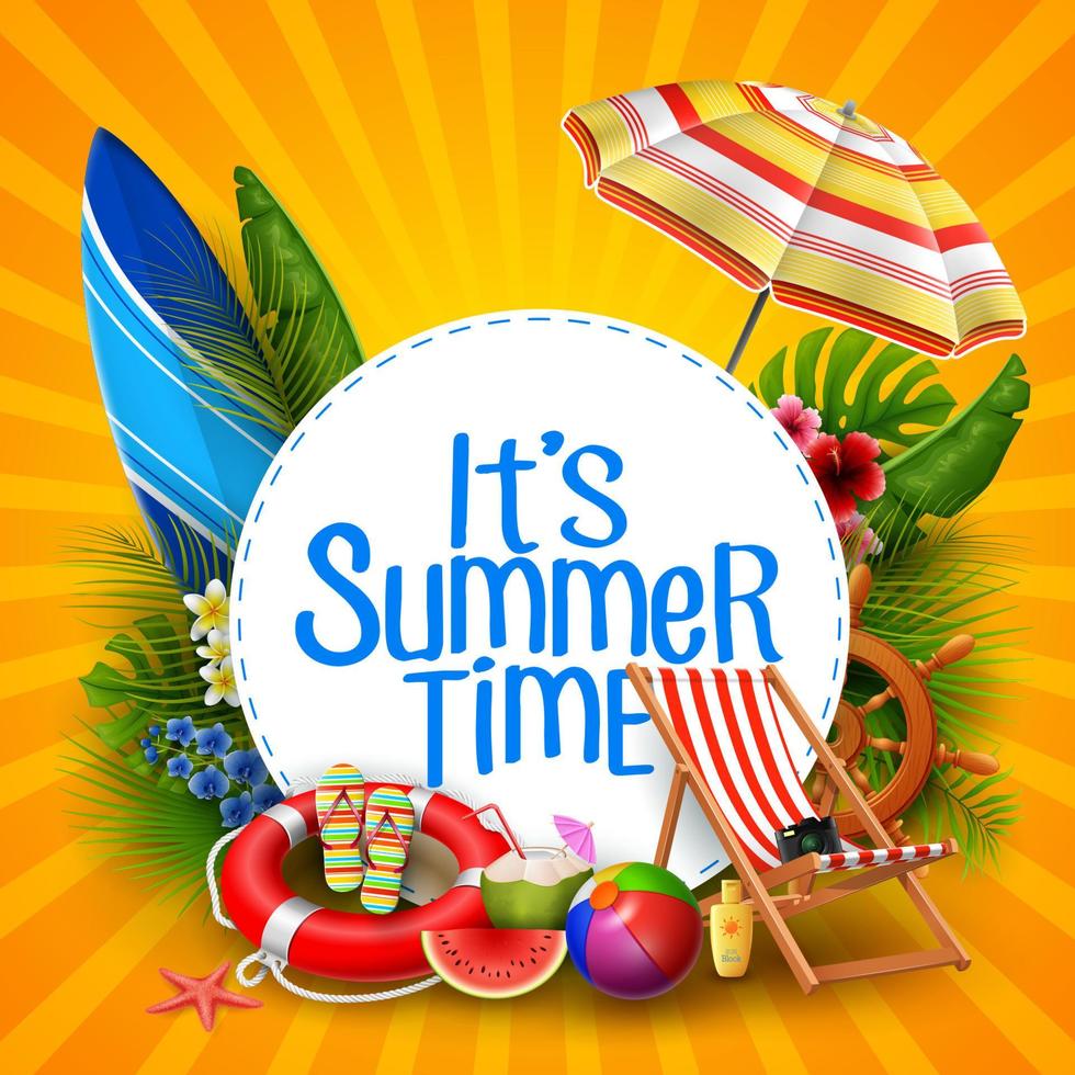 es el diseño de banner de horario de verano con un círculo blanco para texto y elementos de playa vector