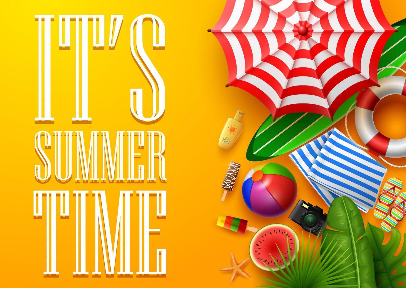 It's summer time banner with tropical leaves, camera, umbrella, surfboard, and lifebuoy on orange background vector