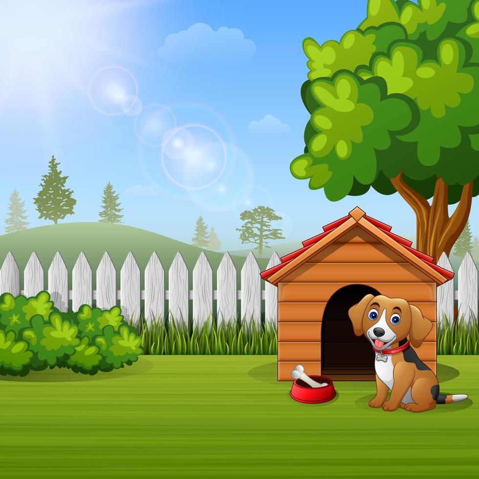 Cute dog sitting in front of a kennel in a garden vector