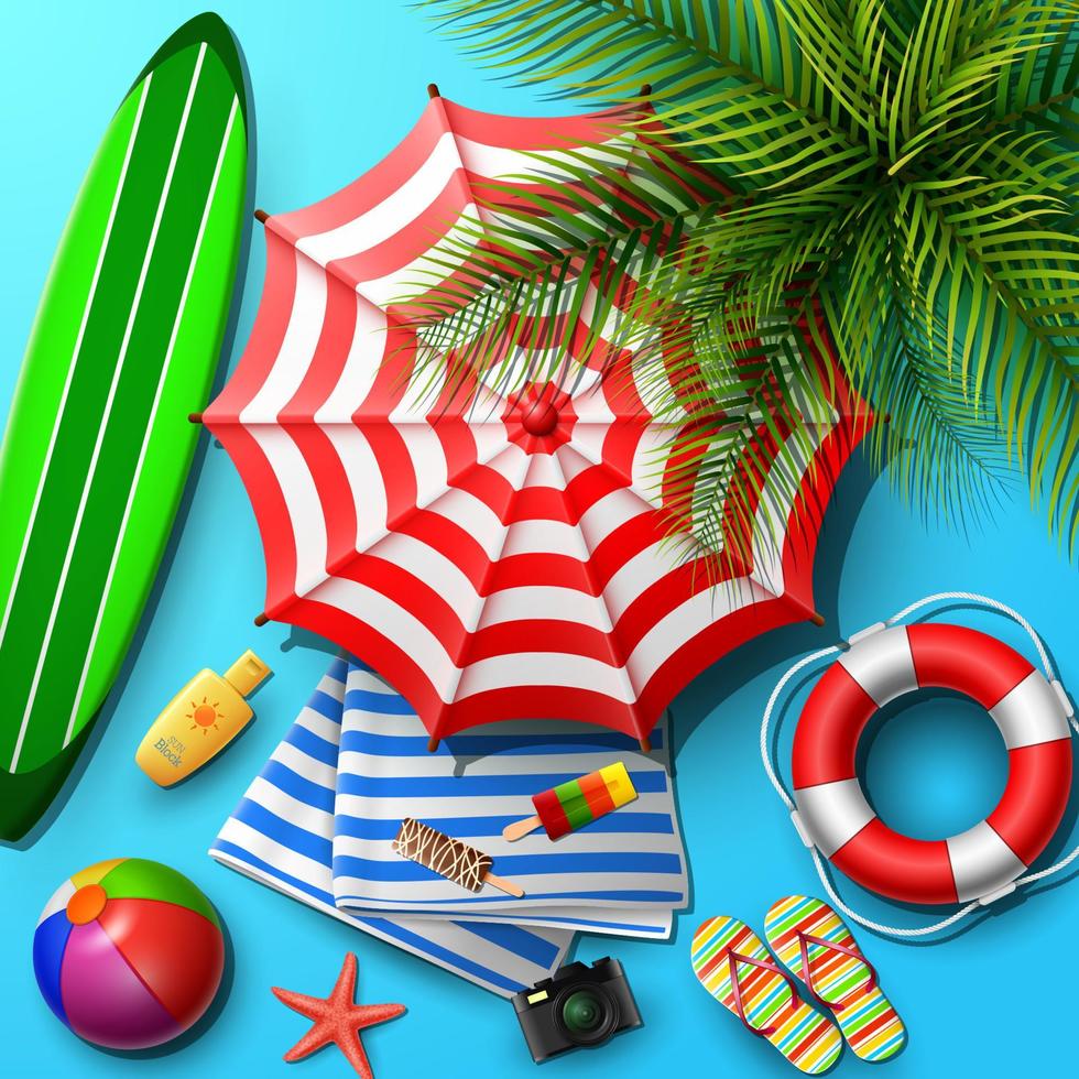 hola banner de vacaciones de verano. vista superior de hojas tropicales y colecciones de elementos de playa sobre fondo de arena vector