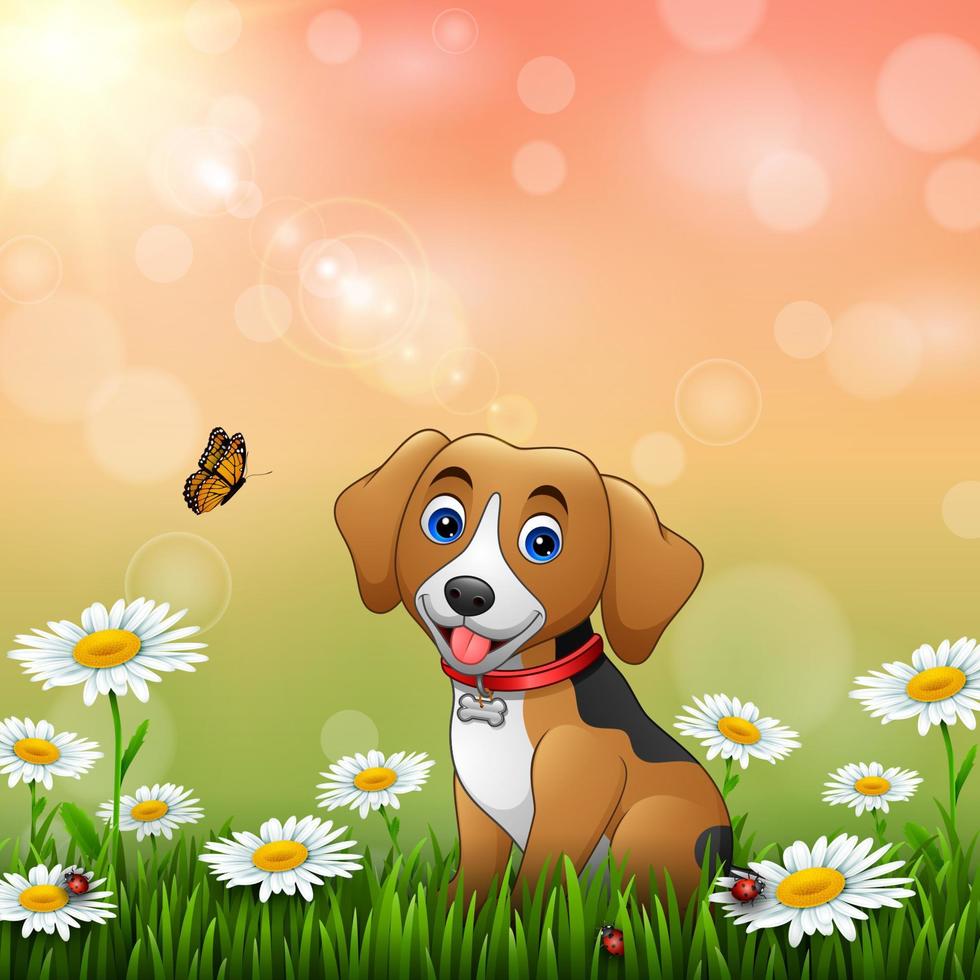 Cartoon dog sitting on the grass background vector