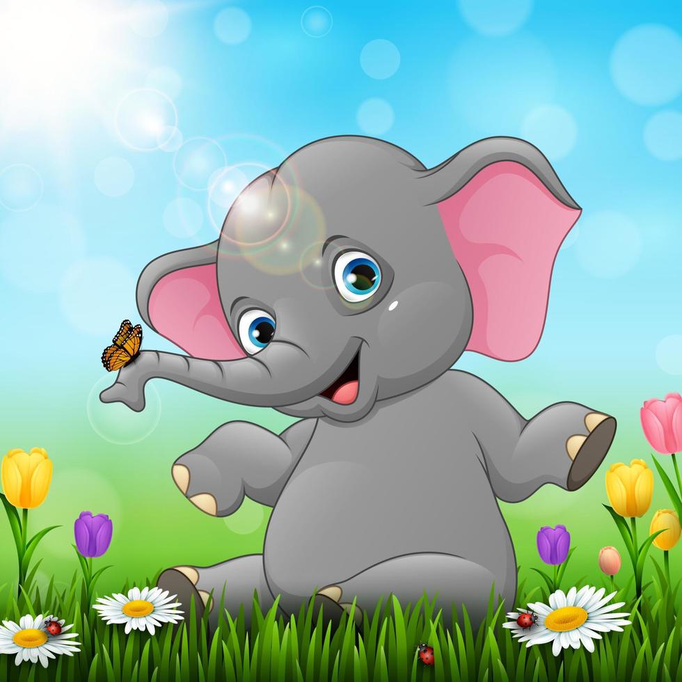 Cute baby elephant sitting on grass background vector
