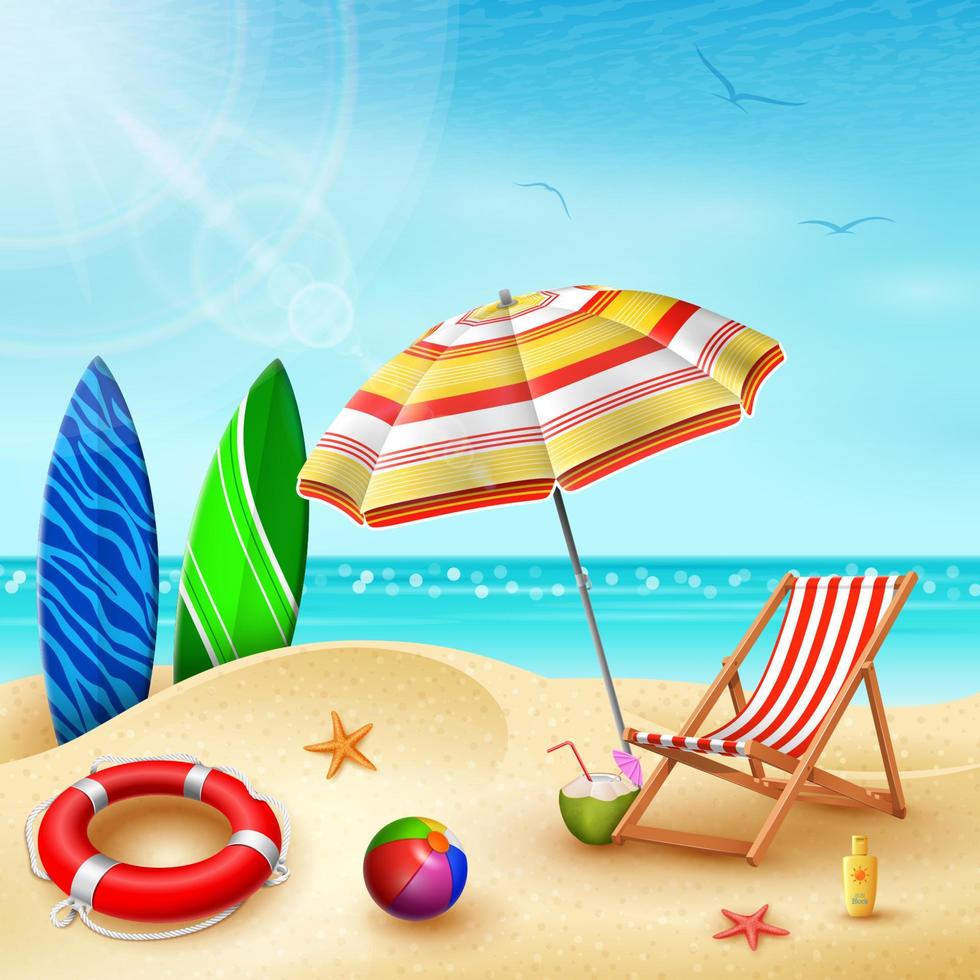 Summer holidays background. Surfboard, umbrellas, desk chair, ball, lifebuoy, sunblock, starfish, and coconut cocktail on a sandy beach vector