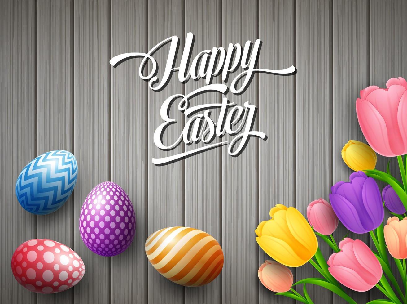 Happy Easter colorful egg with tulips flower beautifully above wooden brown background vector