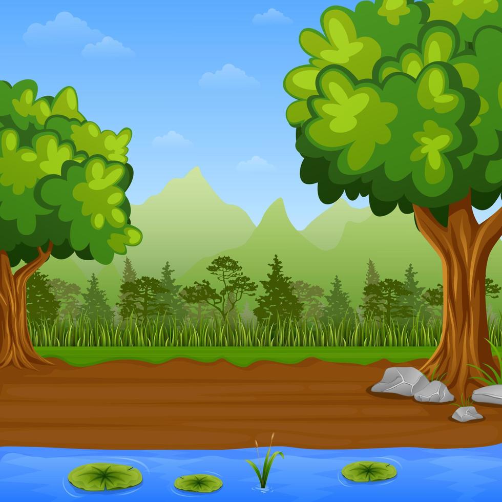Green landscape with pine trees and lake vector
