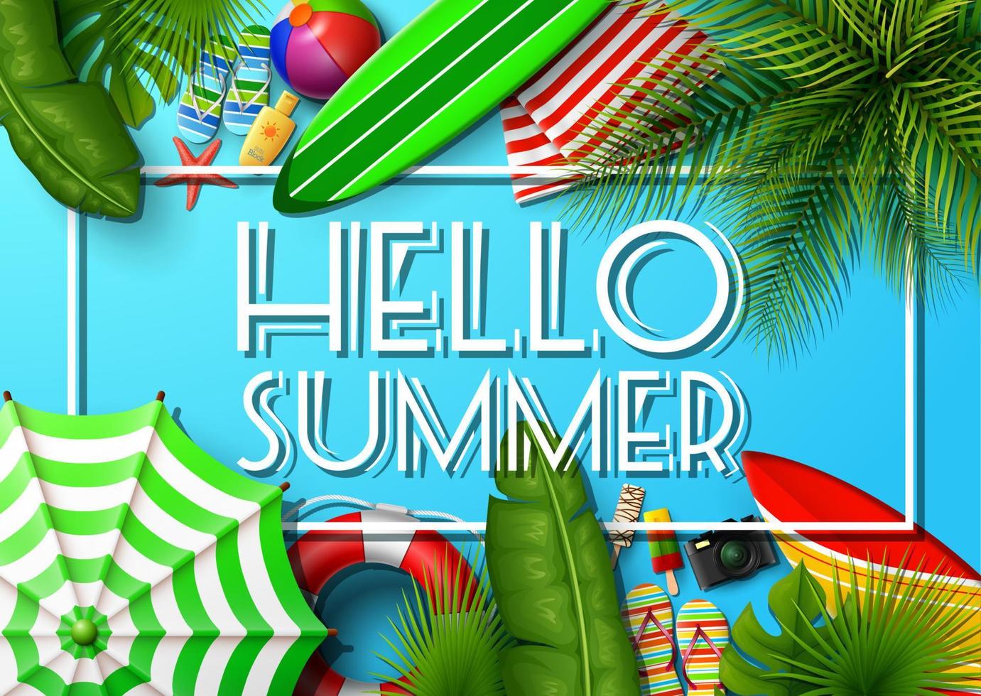hola banner de vacaciones de verano. vista superior de hojas tropicales y colecciones de elementos de playa sobre fondo de arena vector