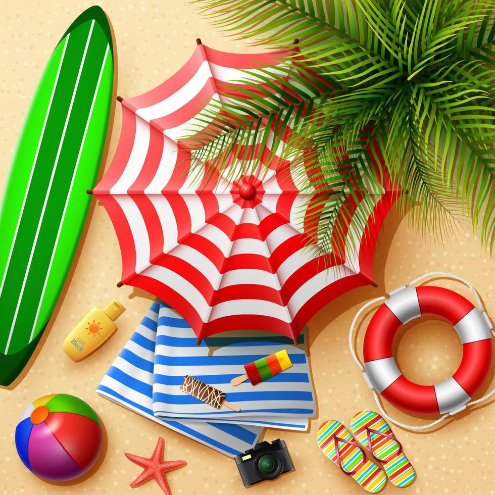 Hello summer time holiday banner. Top view of tropical leaves and beach element collections on sand background vector