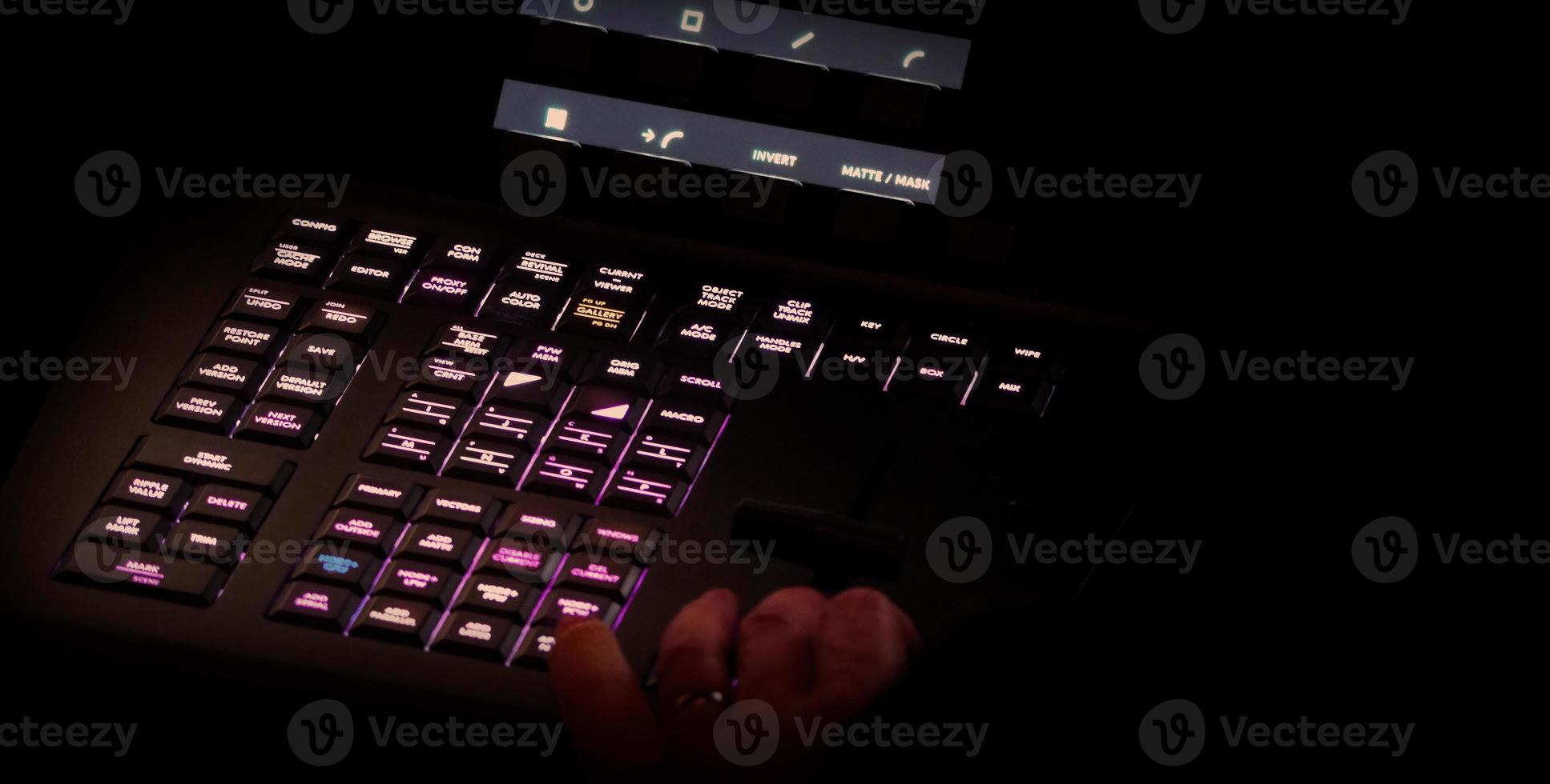 Edit video production control panel in studio. Editor editing and grade film in movie post room. photo