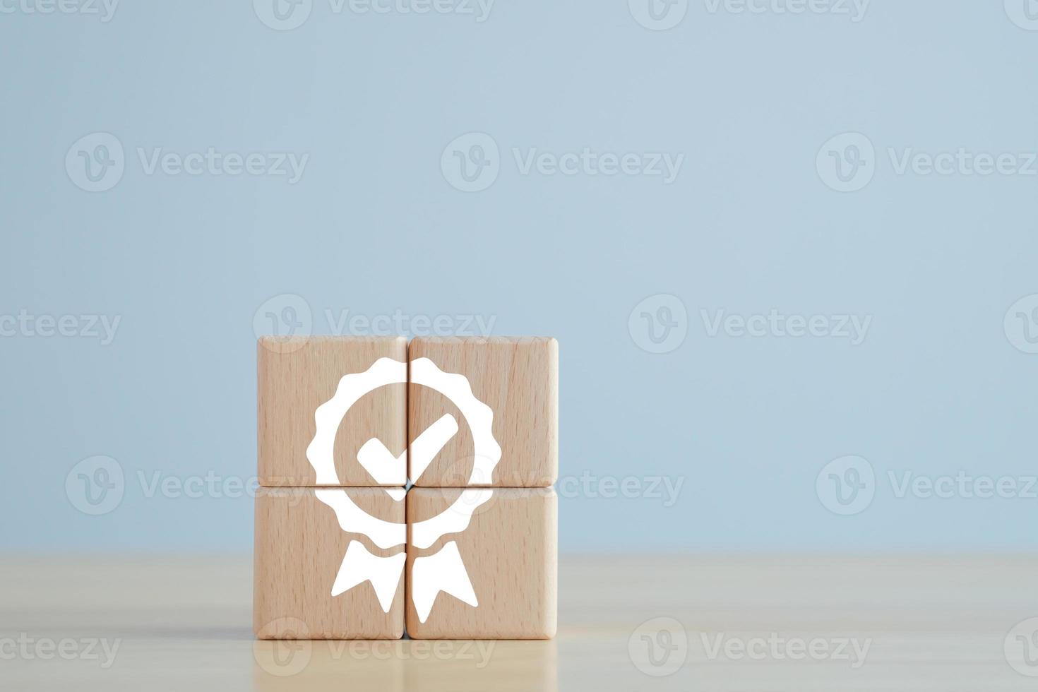 Sign of the top service Quality assurance for 5 star on wooden blocks. Guarantee, Standards, ISO certification, standardization concept, advertising product and service quality commitment. photo