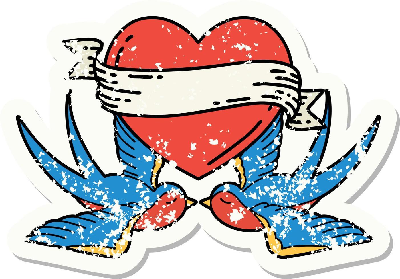 distressed sticker tattoo in traditional style of swallows and a heart with banner vector
