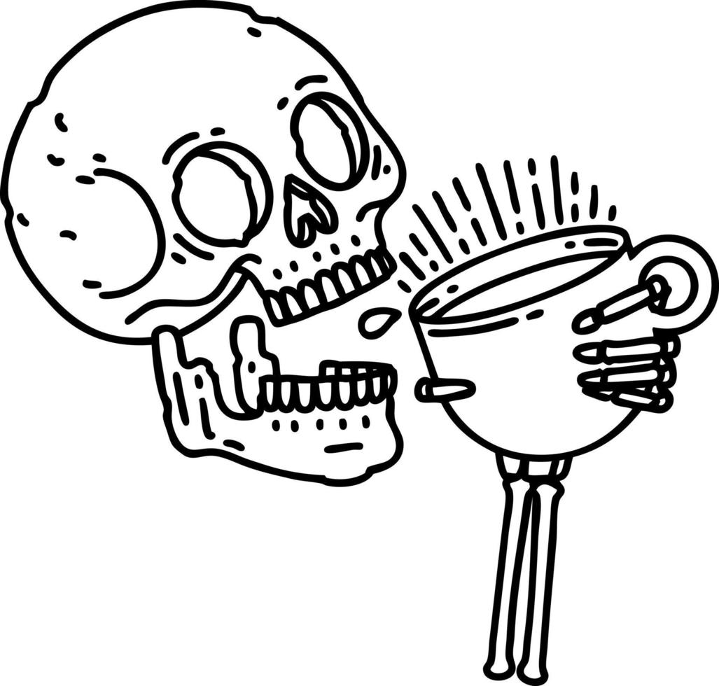 tattoo in black line style of a skull drinking coffee vector