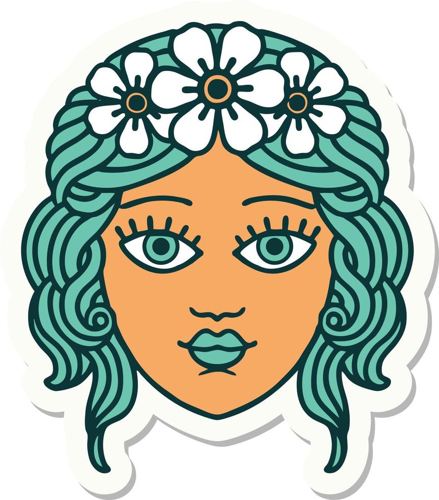 sticker of tattoo in traditional style of female face with crown of flowers vector