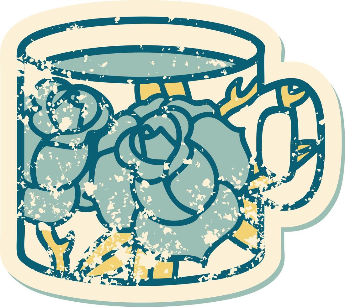 iconic distressed sticker tattoo style image of a cup and flowers vector