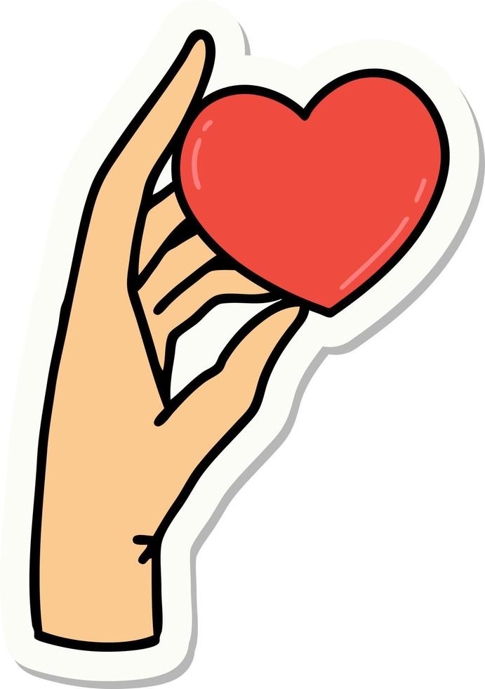sticker of tattoo in traditional style of a hand holding a heart vector