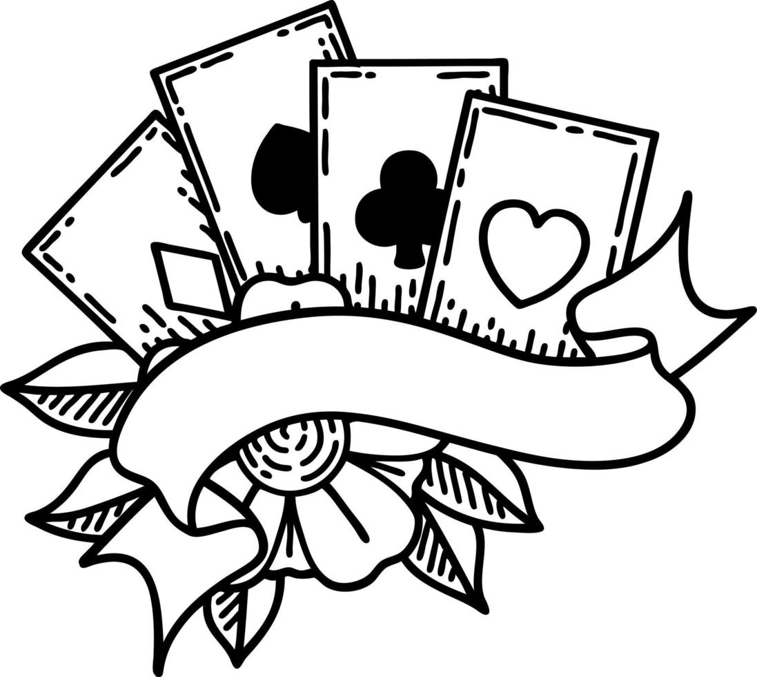 tattoo in black line style of cards and banner vector