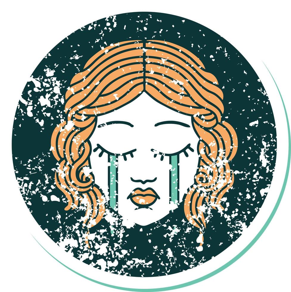 iconic distressed sticker tattoo style image of female face crying vector