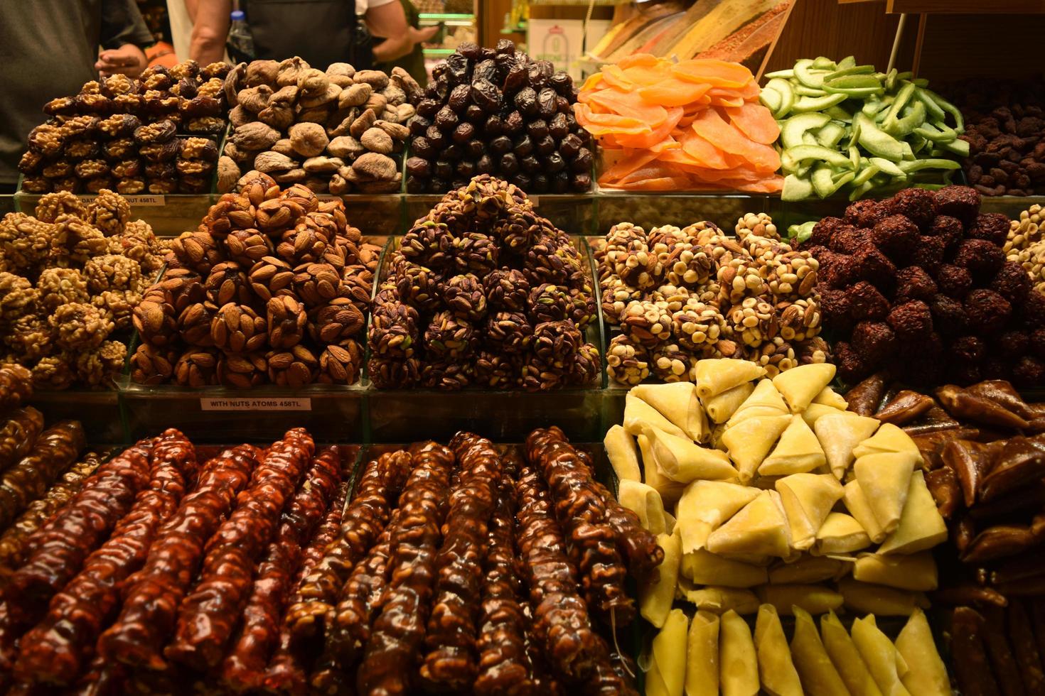Egyptian bazaar in Istanbul, Turkey. A counter with sweets and spices photo