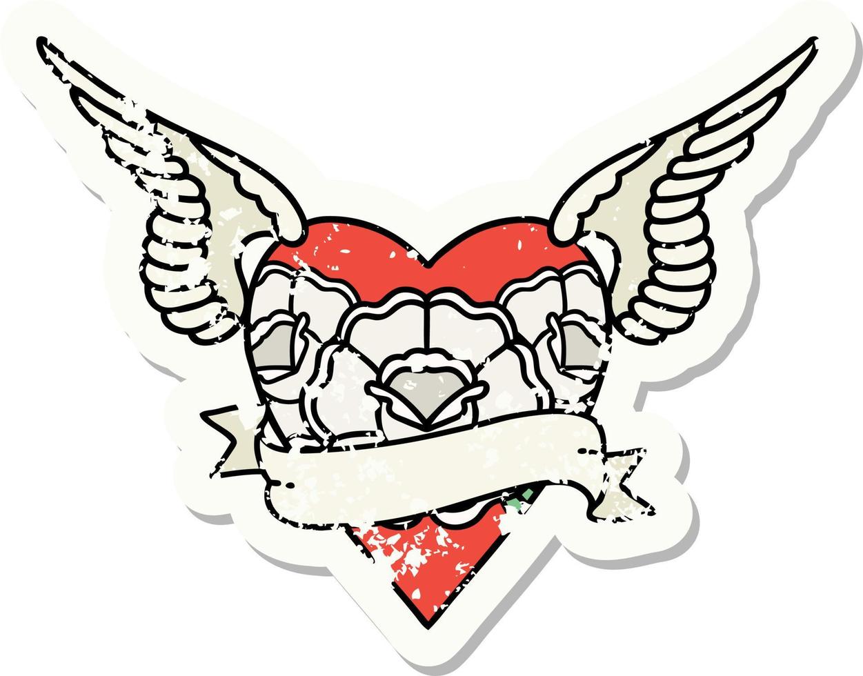 tatuaje de pegatina angustiado al estilo tradicional de corazón con alas, flores y pancarta vector