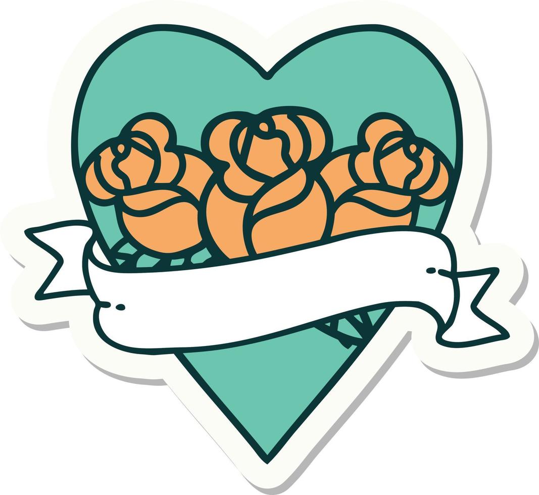 sticker of tattoo in traditional style of a heart and banner with flowers vector