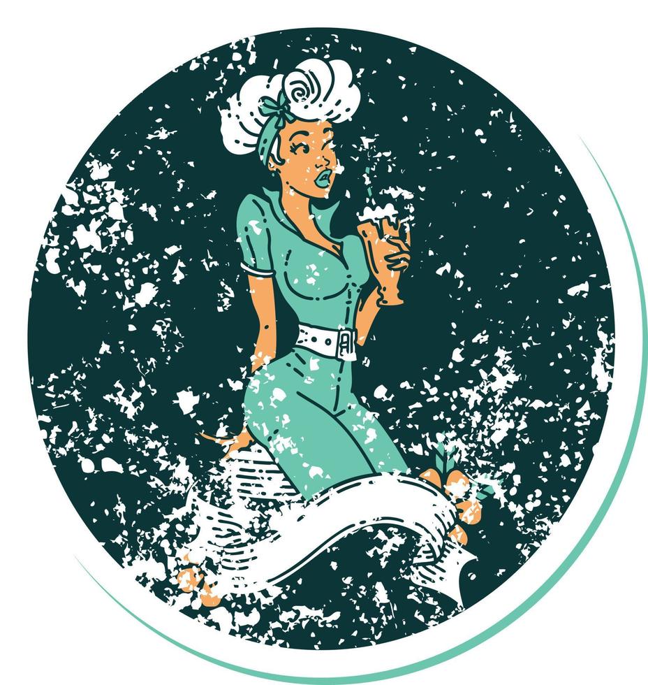 distressed sticker tattoo in traditional style of a pinup girl drinking a milkshake with banner vector