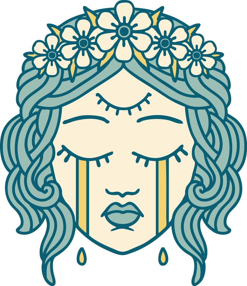 iconic tattoo style image of female face with third eye and crown of flowers cyring vector