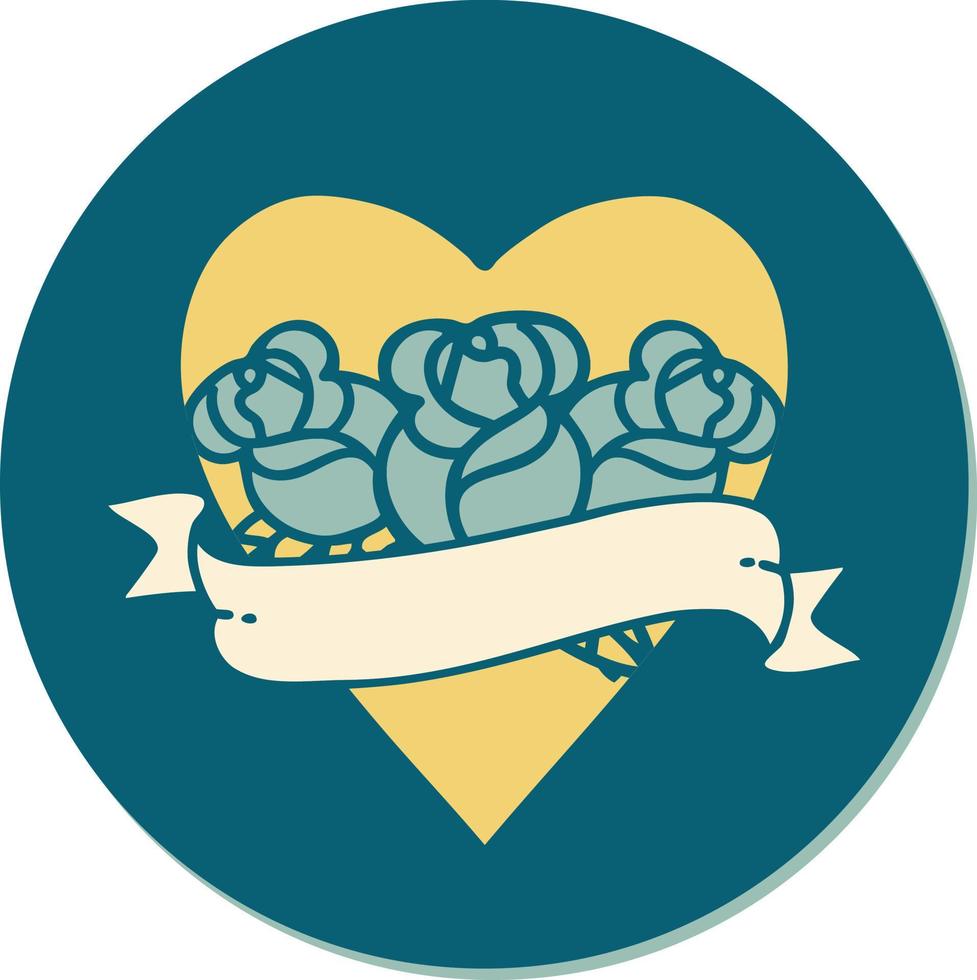 sticker of tattoo in traditional style of a heart and banner with flowers vector