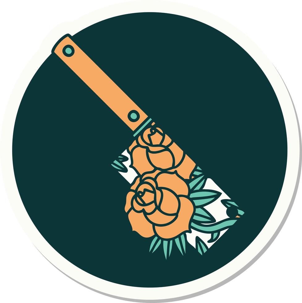 sticker of tattoo in traditional style of a cleaver and flowers vector