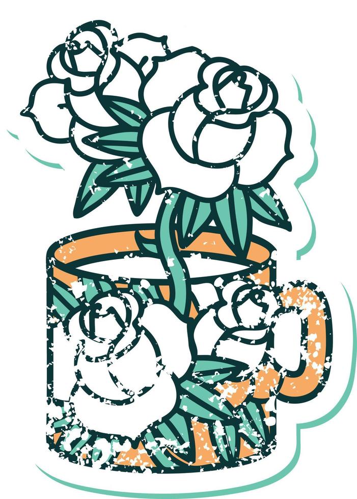 iconic distressed sticker tattoo style image of a cup and flowers vector