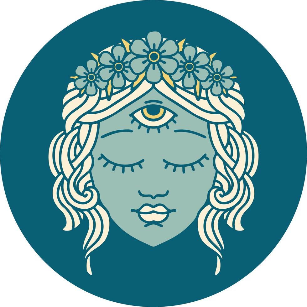 iconic tattoo style image of female face with third eye and crown of flowers vector