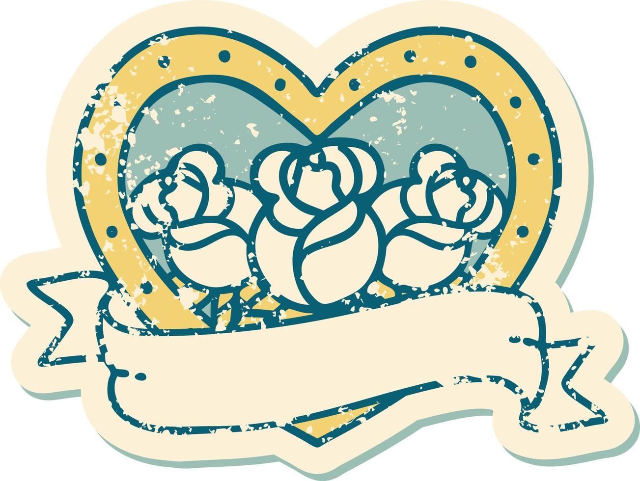 iconic distressed sticker tattoo style image of a heart and banner with flowers vector