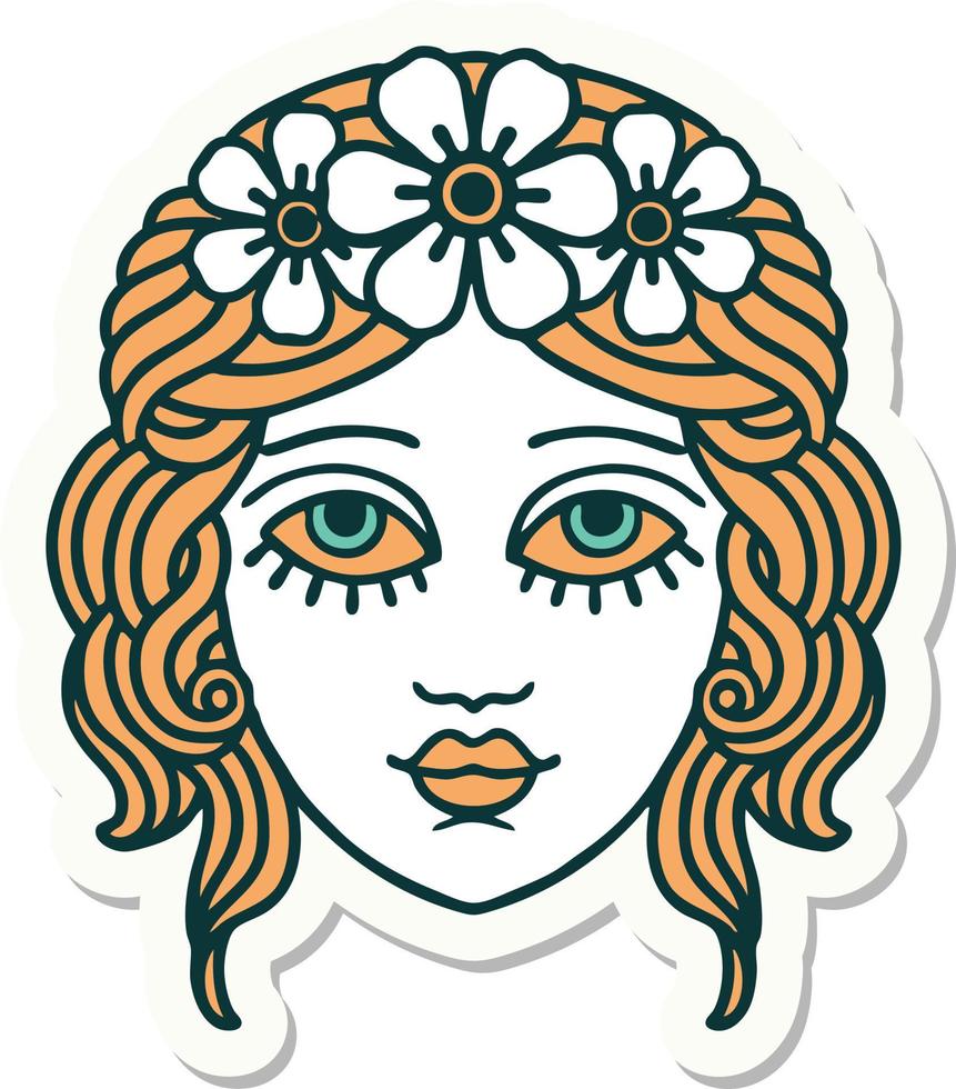 pegatina de tatuaje al estilo tradicional de cara femenina con corona de flores vector