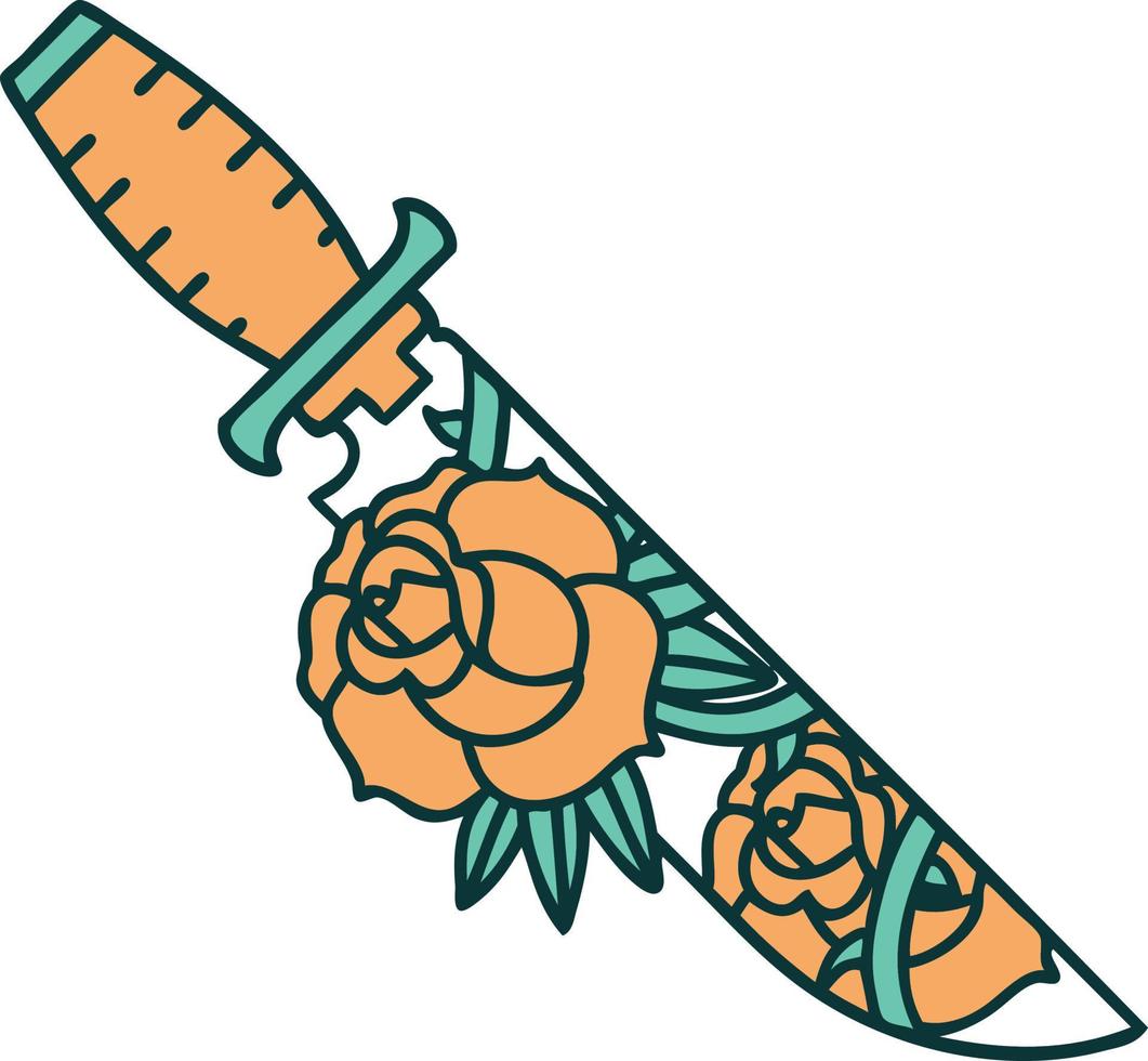 iconic tattoo style image of a dagger and flowers vector