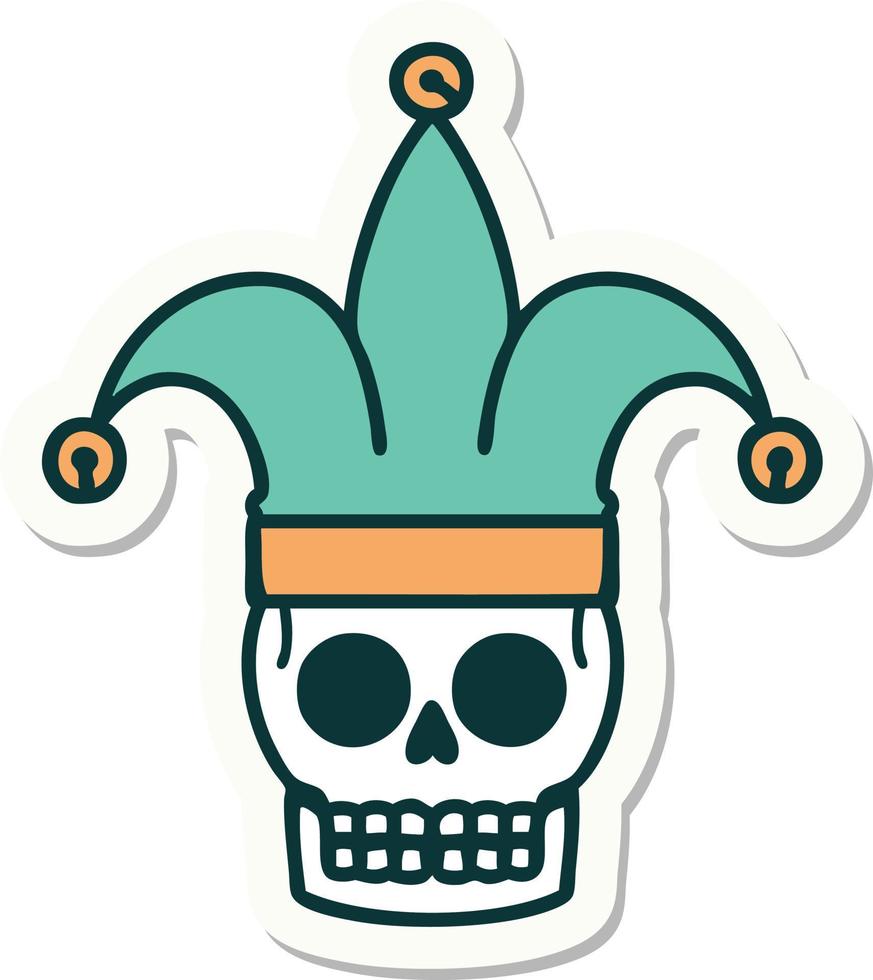 sticker of tattoo in traditional style of a skull jester vector