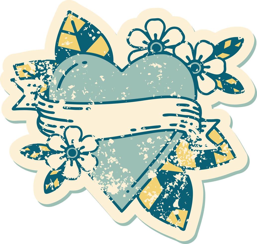 iconic distressed sticker tattoo style image of a heart and banner vector