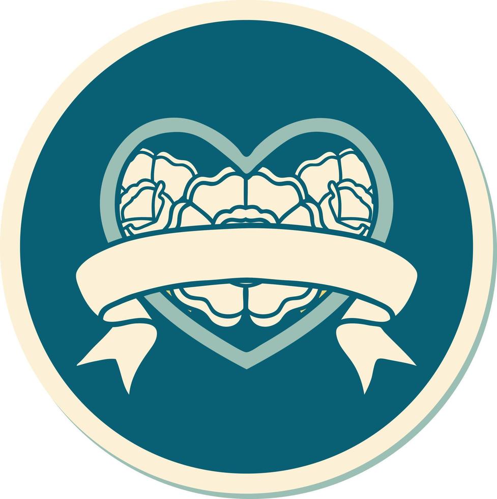 sticker of tattoo in traditional style of a heart and banner with flowers vector